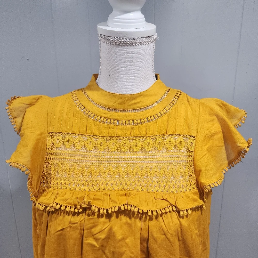 J Crew Yellow Smocked Crew Neck Puff Sleeve Shirred Cotton T-shirt XS